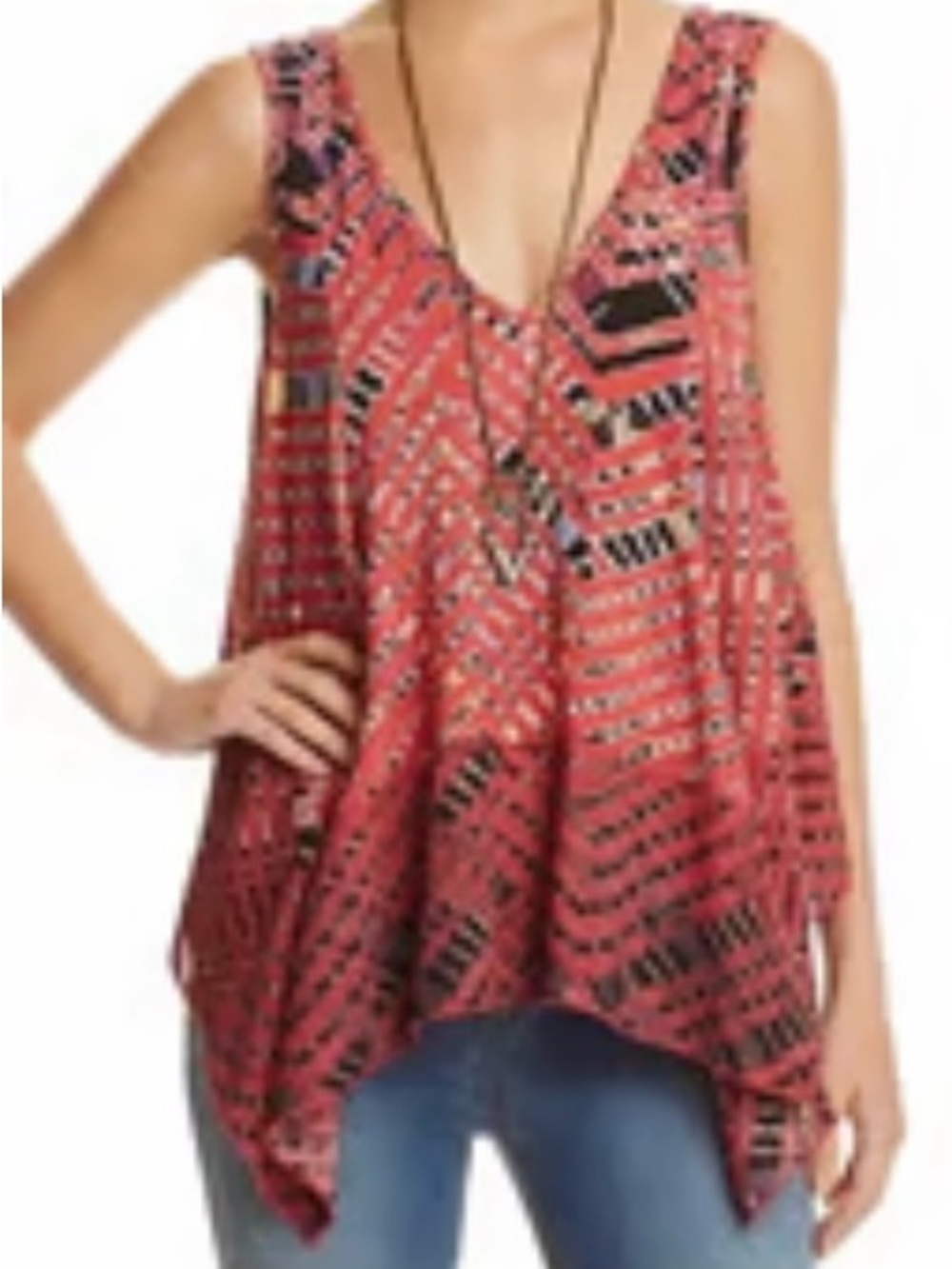 Free People Coral Red Aztec Print Draped Tank